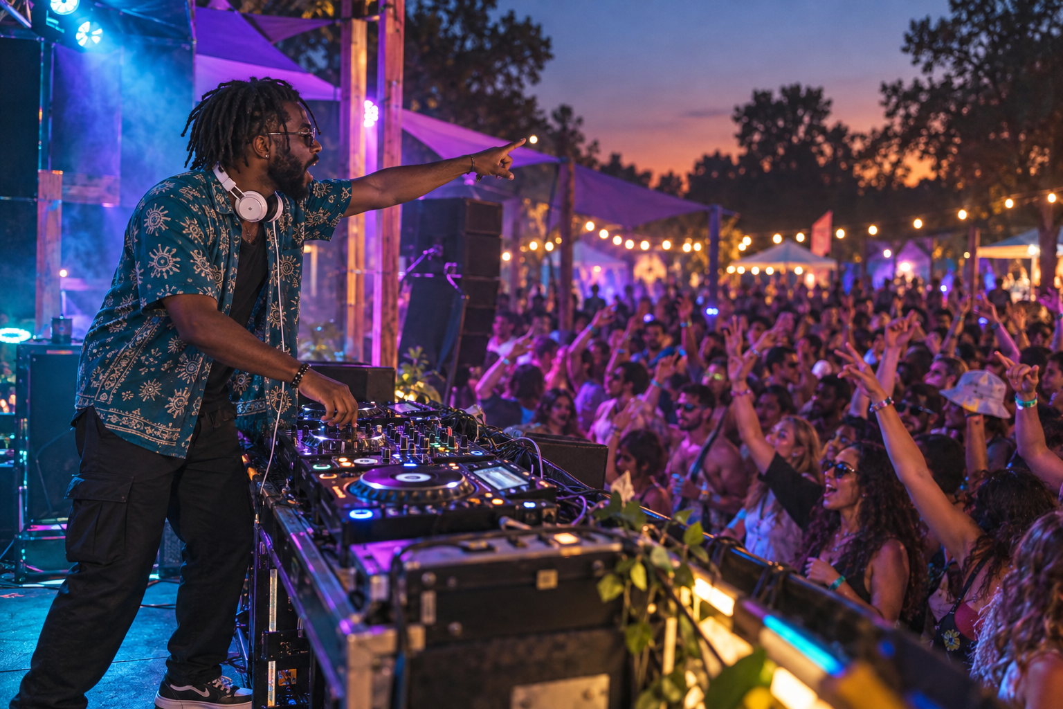 AI-generated promotional concept of DJ MalkyyWayy in side profile, engaging an outdoor festival crowd in a teal shirt