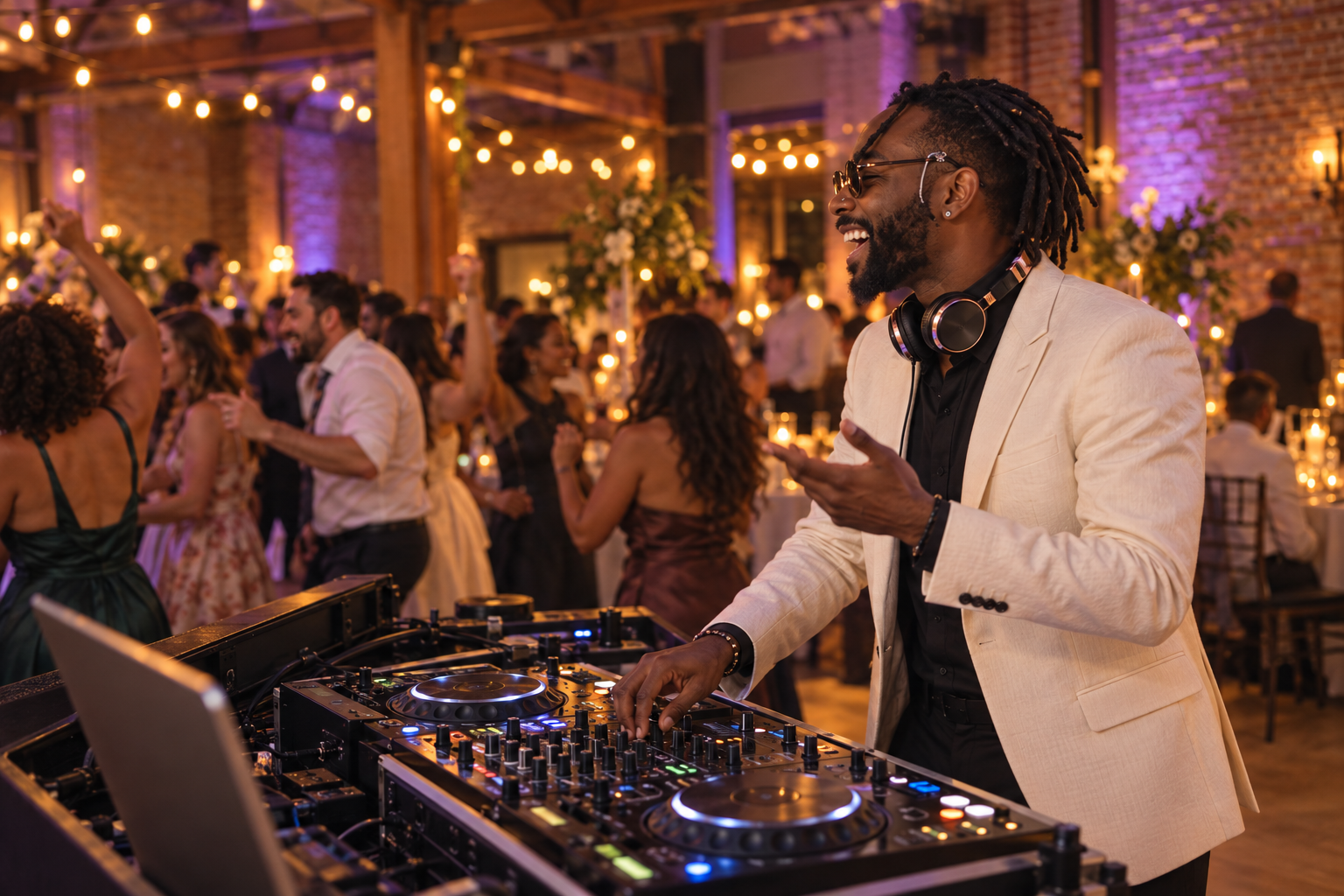 AI-generated promotional concept of DJ MalkyyWayy in an ivory jacket laughing toward the reception dance floor