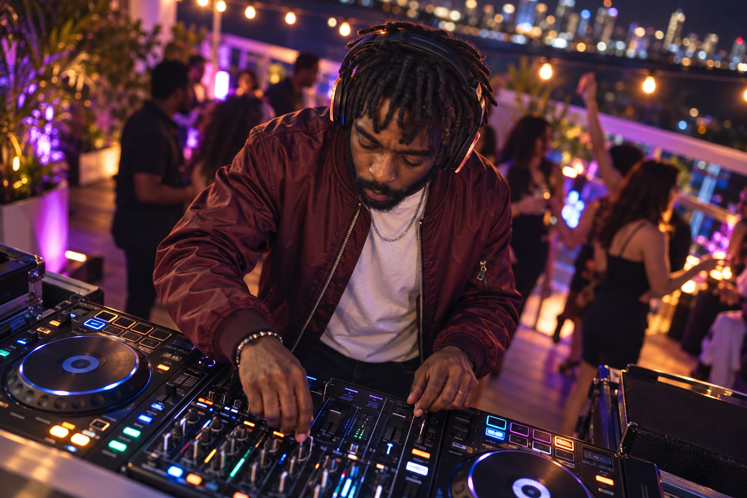 AI-generated promotional concept viewed from above of DJ MalkyyWayy concentrating on the mixer at a rooftop party